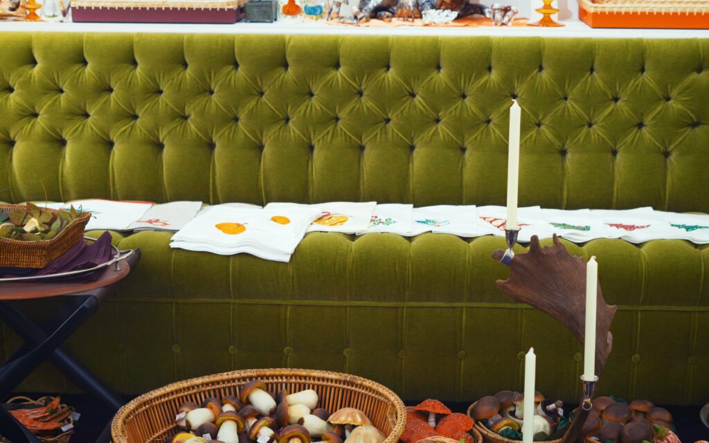 Banquette verte velour tapisserie